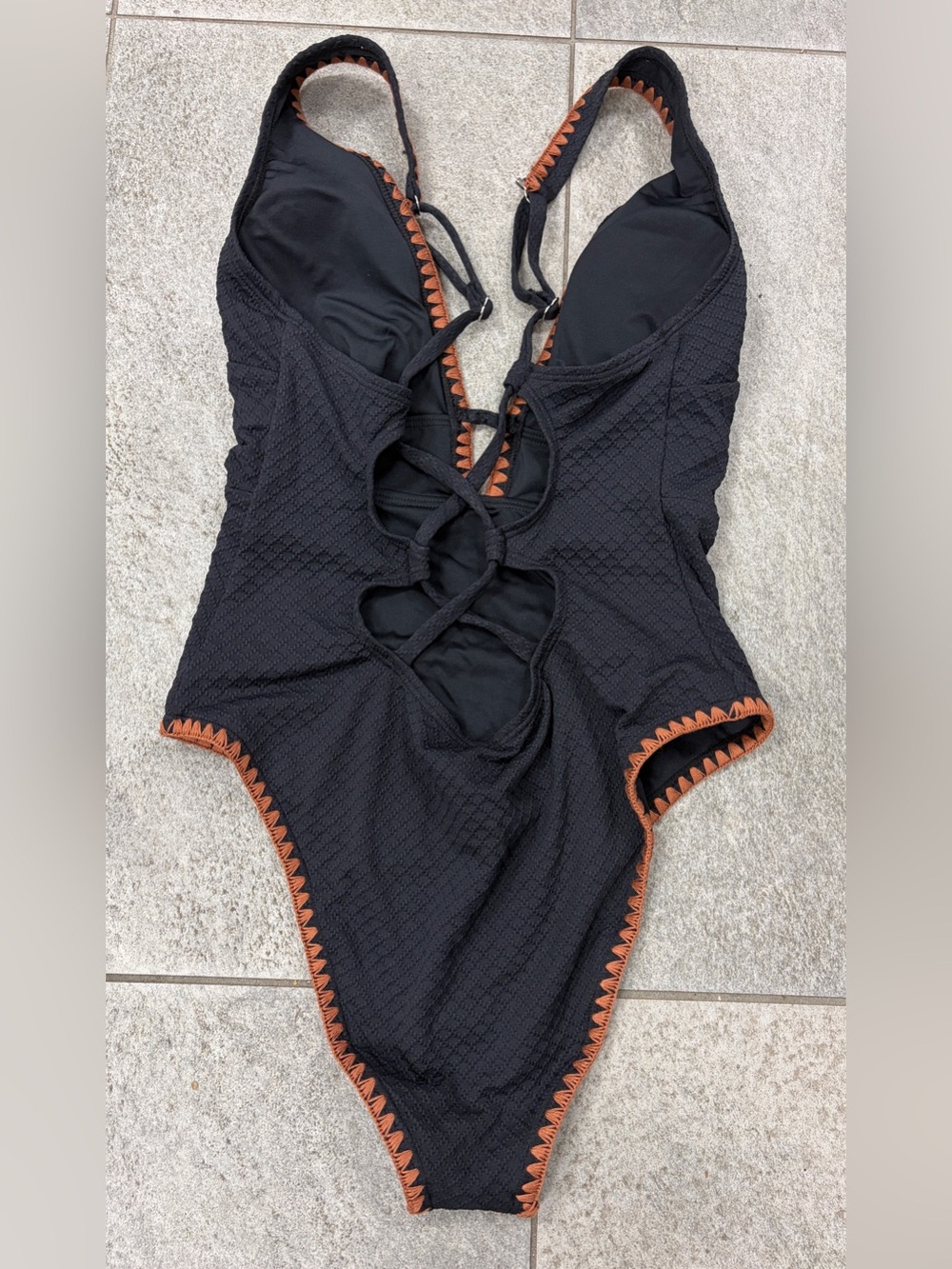 Very pretty Black One-Piece Swimsuit with Rust Trim and Lace-Front Detail